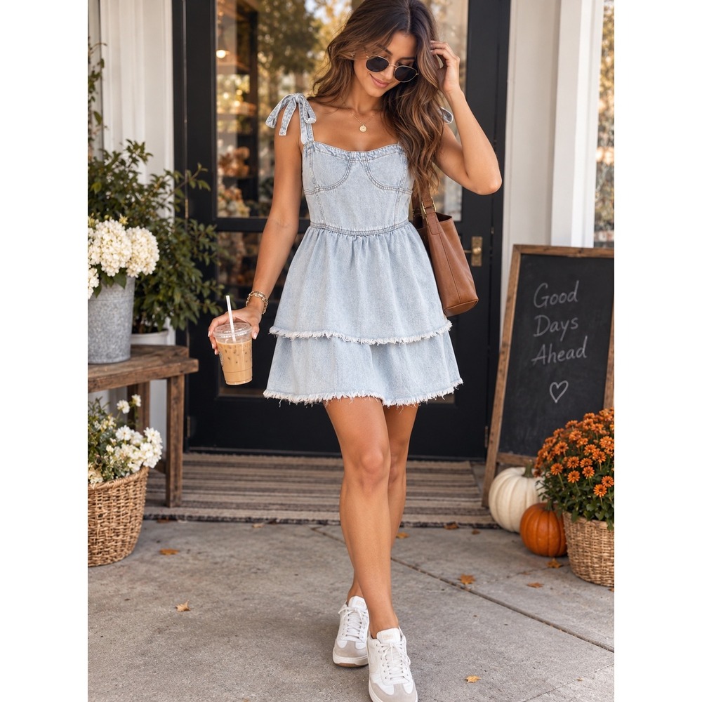American Eagle Y2K Denim Corset Tiered Mini Dress Tie Strap Frayed Hem S